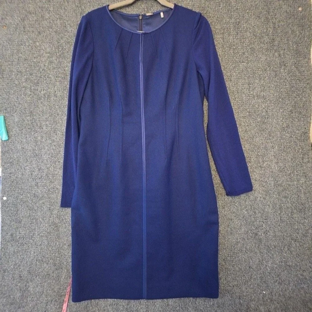Elie Tahari Dress Womens 12 Blue Wool Cashmere Sheath Long Sleeve Knee Length